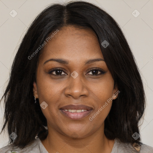 Joyful black young-adult female with medium  brown hair and brown eyes