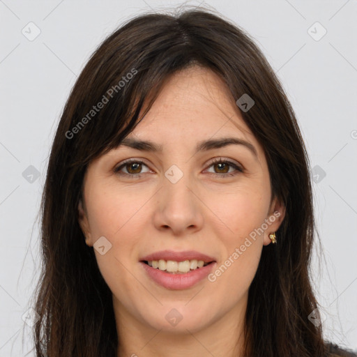 Joyful white young-adult female with long  brown hair and brown eyes