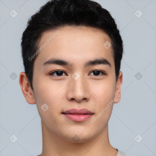 Neutral asian young-adult male with short  black hair and brown eyes