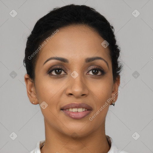 Joyful latino young-adult female with short  brown hair and brown eyes