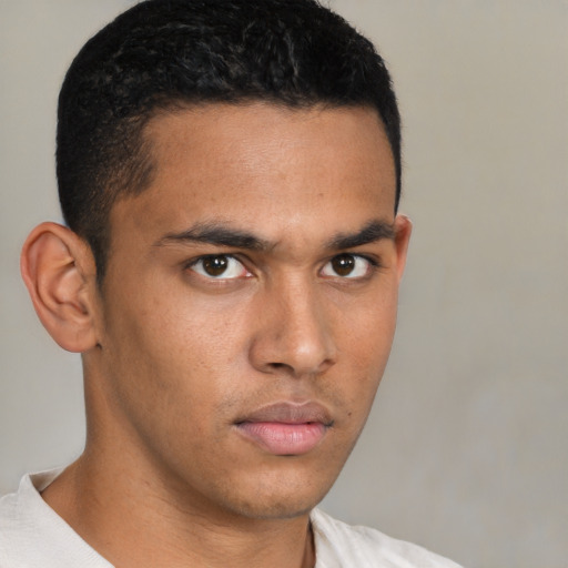 Neutral latino young-adult male with short  brown hair and brown eyes