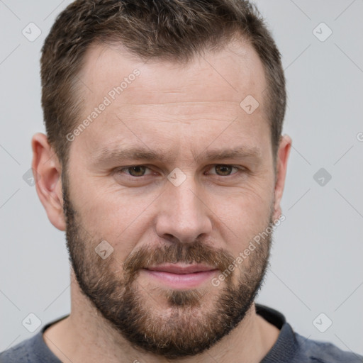 Neutral white adult male with short  brown hair and grey eyes