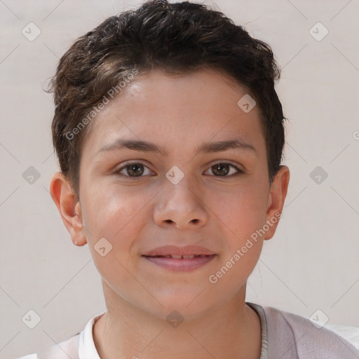 Joyful white child female with short  brown hair and brown eyes