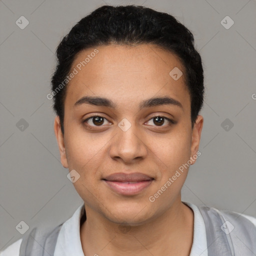 Joyful latino young-adult female with short  black hair and brown eyes