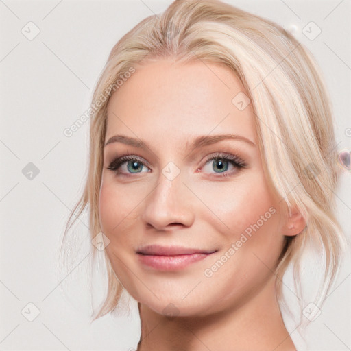 Joyful white young-adult female with medium  brown hair and blue eyes