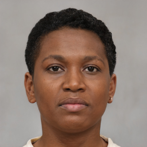 Neutral black young-adult female with short  brown hair and brown eyes