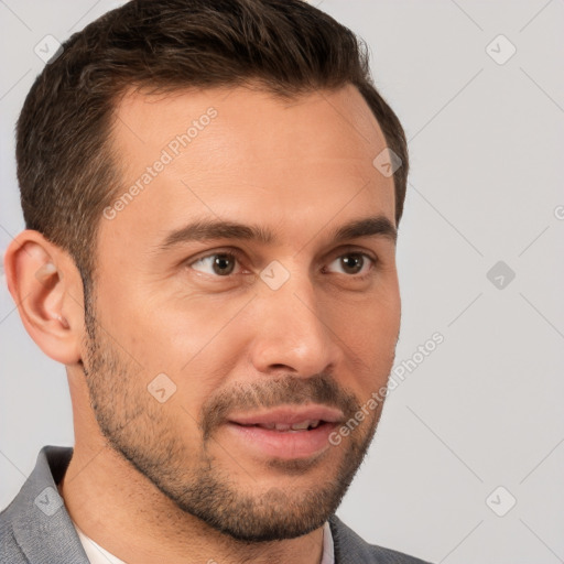 Neutral white young-adult male with short  brown hair and brown eyes