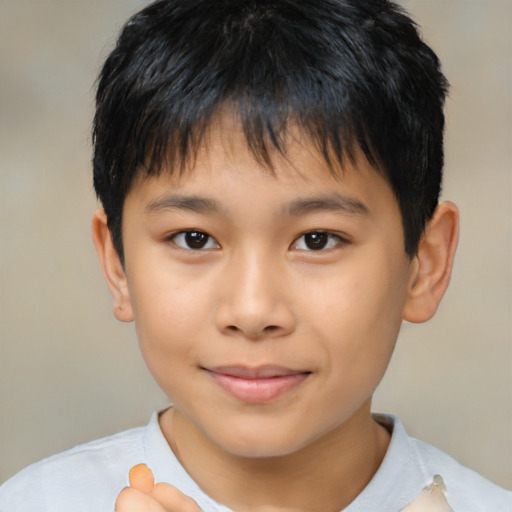 Joyful asian child male with short  brown hair and brown eyes