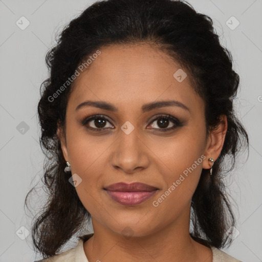 Joyful latino young-adult female with medium  brown hair and brown eyes