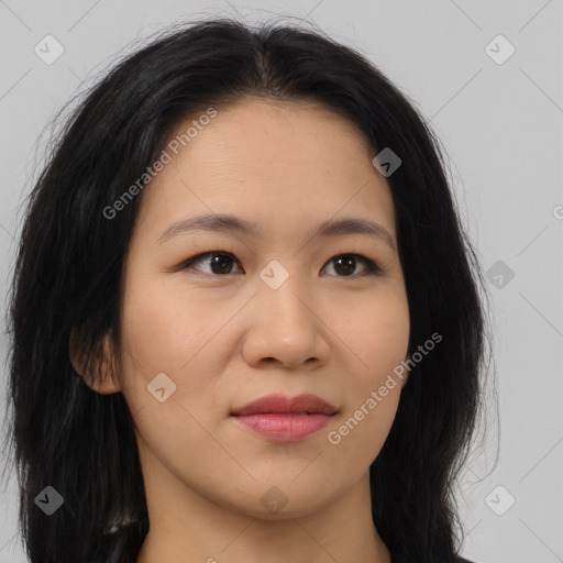 Joyful asian young-adult female with long  brown hair and brown eyes