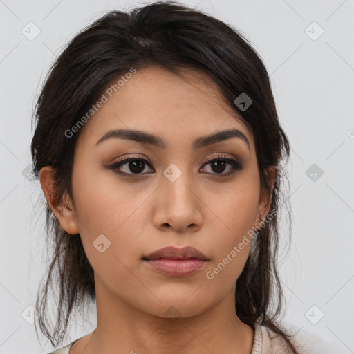 Neutral asian young-adult female with medium  brown hair and brown eyes