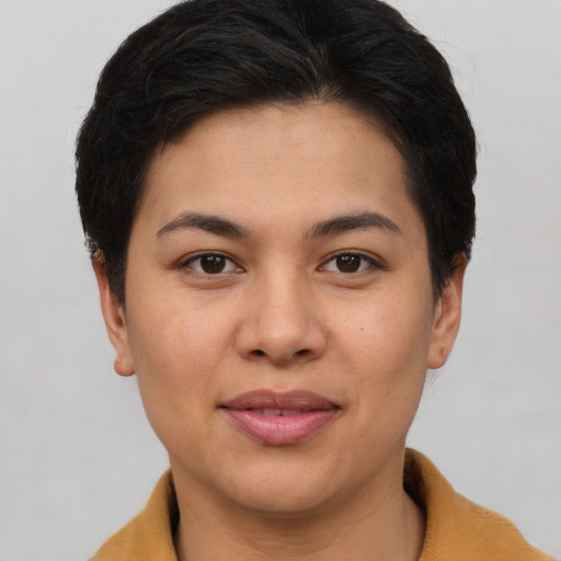 Joyful asian young-adult female with short  brown hair and brown eyes