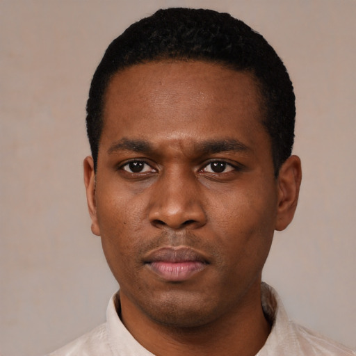 Neutral black young-adult male with short  black hair and brown eyes