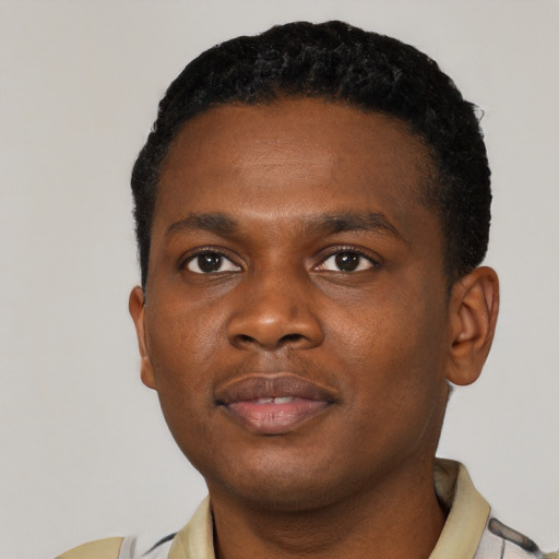 Neutral black young-adult male with short  black hair and brown eyes