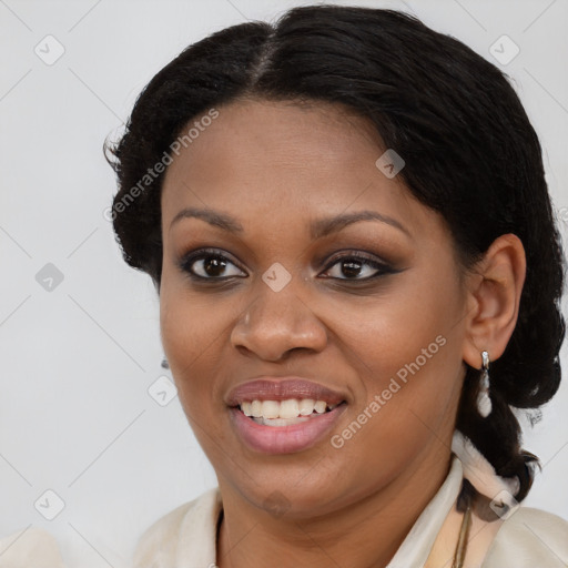 Joyful black young-adult female with medium  brown hair and brown eyes