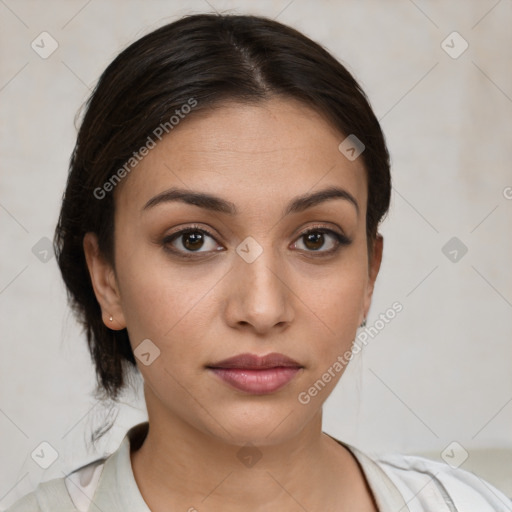 Neutral white young-adult female with medium  brown hair and brown eyes