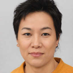 Joyful asian young-adult female with short  brown hair and brown eyes