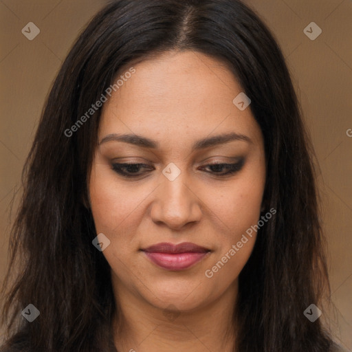 Joyful latino young-adult female with long  brown hair and brown eyes