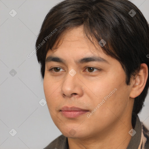 Joyful white young-adult male with medium  brown hair and brown eyes