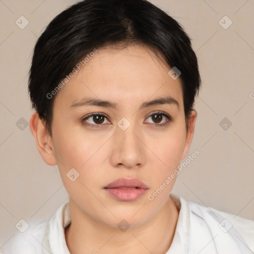 Neutral white young-adult female with short  brown hair and brown eyes