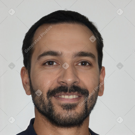 Neutral latino young-adult male with short  black hair and brown eyes