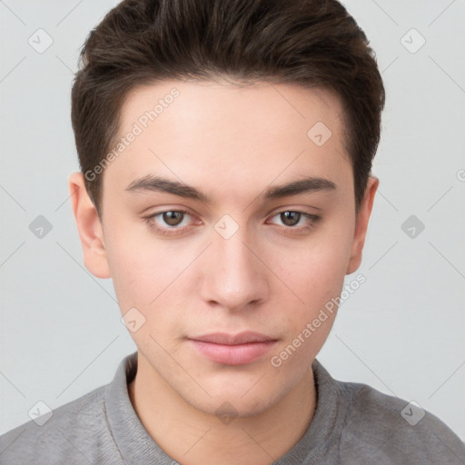 Neutral white young-adult male with short  brown hair and brown eyes