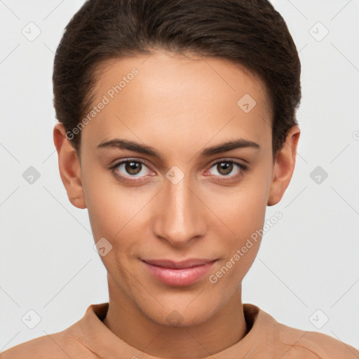 Joyful white young-adult female with short  brown hair and brown eyes