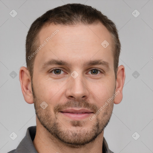 Neutral white young-adult male with short  brown hair and grey eyes