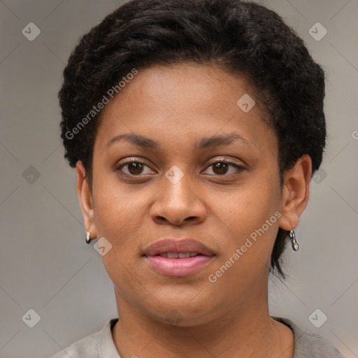 Joyful black young-adult female with short  brown hair and brown eyes