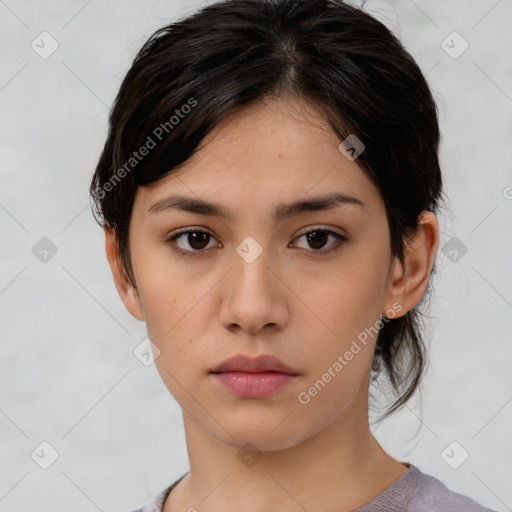 Neutral white young-adult female with medium  brown hair and brown eyes