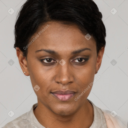 Joyful latino young-adult female with short  black hair and brown eyes