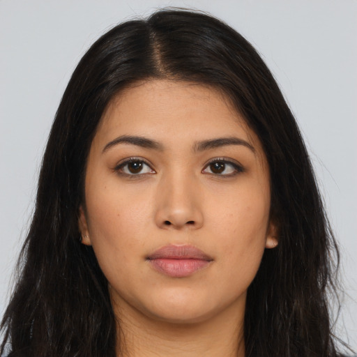 Neutral asian young-adult female with long  brown hair and brown eyes