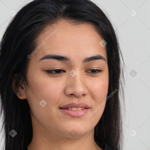 Joyful asian young-adult female with long  brown hair and brown eyes