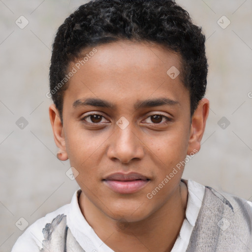 Joyful latino young-adult male with short  brown hair and brown eyes