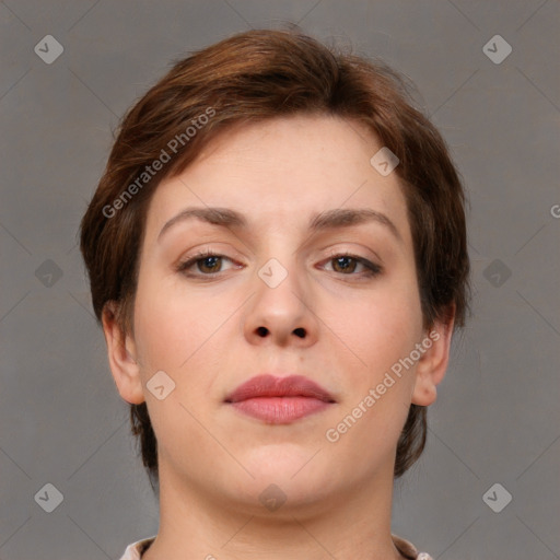 Neutral white young-adult female with short  brown hair and brown eyes