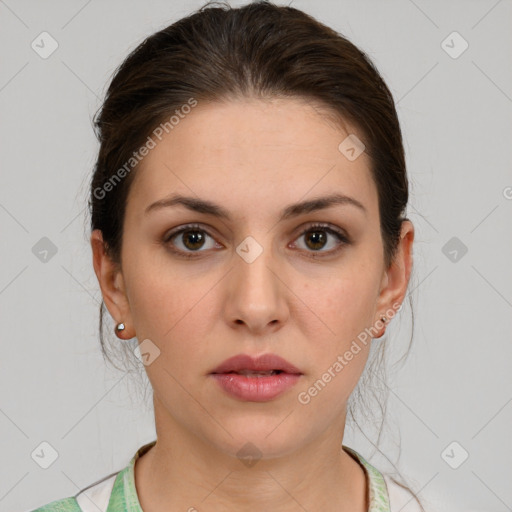 Neutral white young-adult female with medium  brown hair and brown eyes