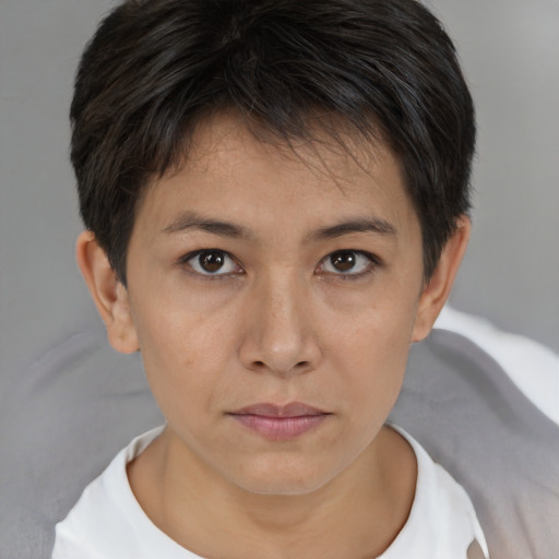 Neutral white young-adult female with short  brown hair and brown eyes