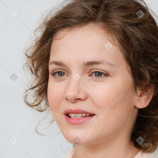 Joyful white young-adult female with medium  brown hair and blue eyes