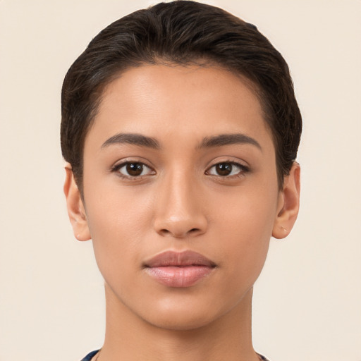 Neutral white young-adult female with short  brown hair and brown eyes