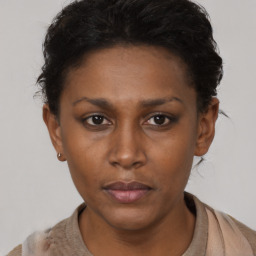 Neutral black young-adult female with short  brown hair and brown eyes