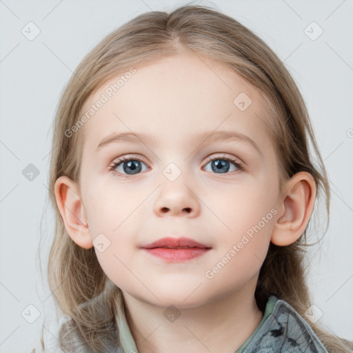 Neutral white child female with medium  brown hair and blue eyes