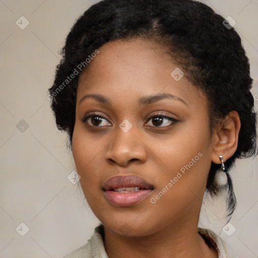 Joyful black young-adult female with medium  black hair and brown eyes