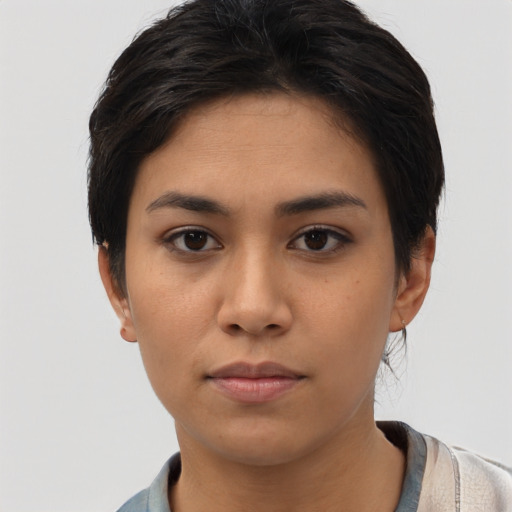 Neutral asian young-adult female with short  black hair and brown eyes