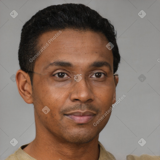 Neutral black young-adult male with short  black hair and brown eyes