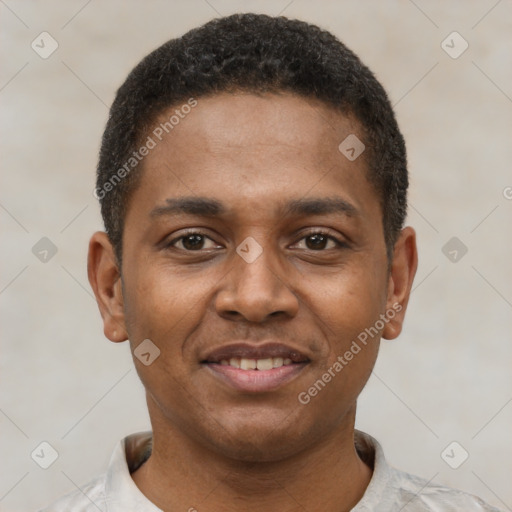 Joyful latino young-adult male with short  brown hair and brown eyes