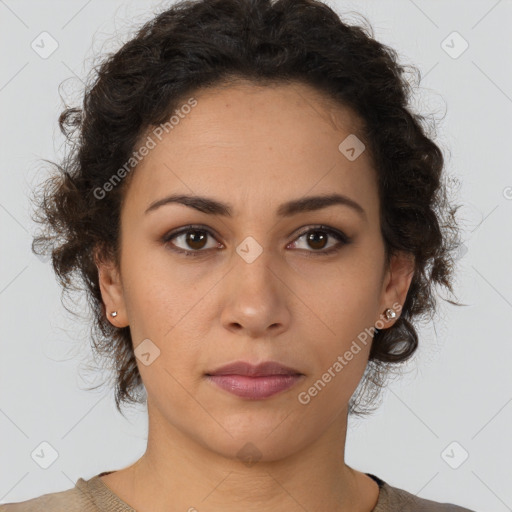 Neutral white young-adult female with short  brown hair and brown eyes