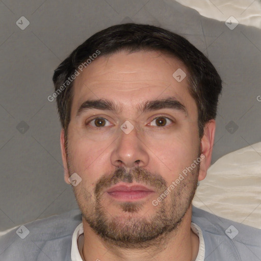 Neutral white adult male with short  brown hair and brown eyes