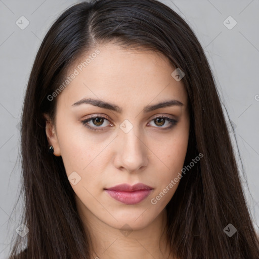 Neutral white young-adult female with long  brown hair and brown eyes