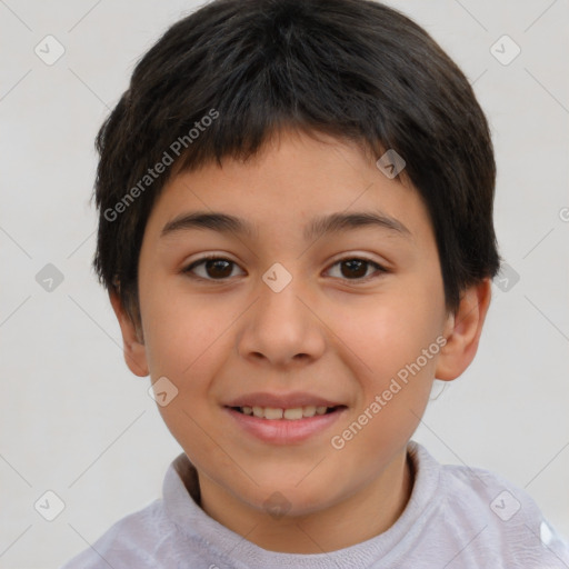 Joyful white child female with short  brown hair and brown eyes