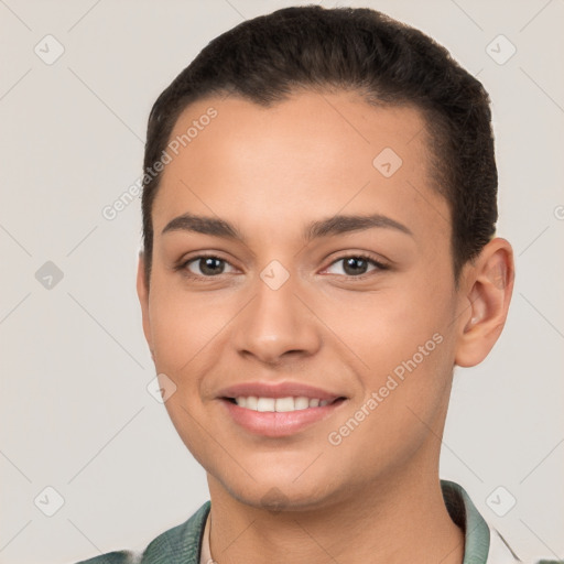 Joyful white young-adult female with short  brown hair and brown eyes